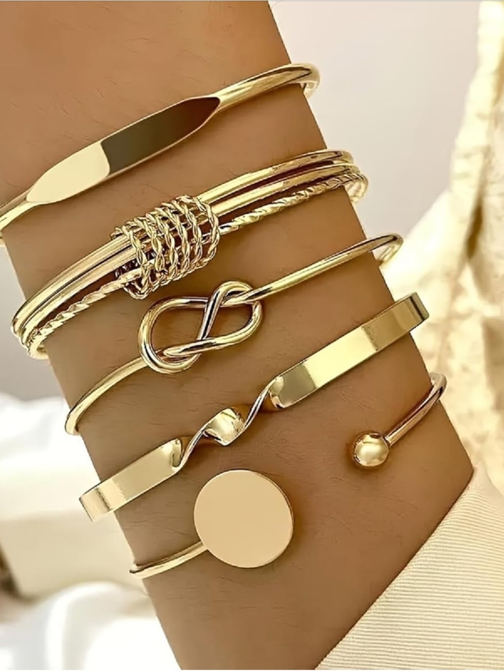 Gold Plated 14K Layered Knot and Disc Bracelet Set - Women Jewelry 5 Set